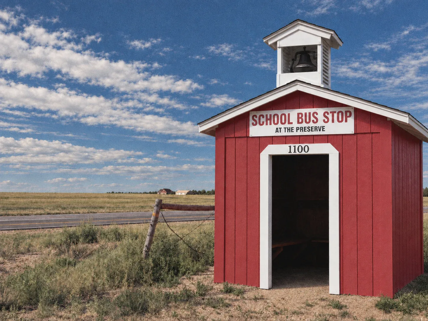 The red School Bus Stop shelter at the Preserve, 1100 Verlan Way
