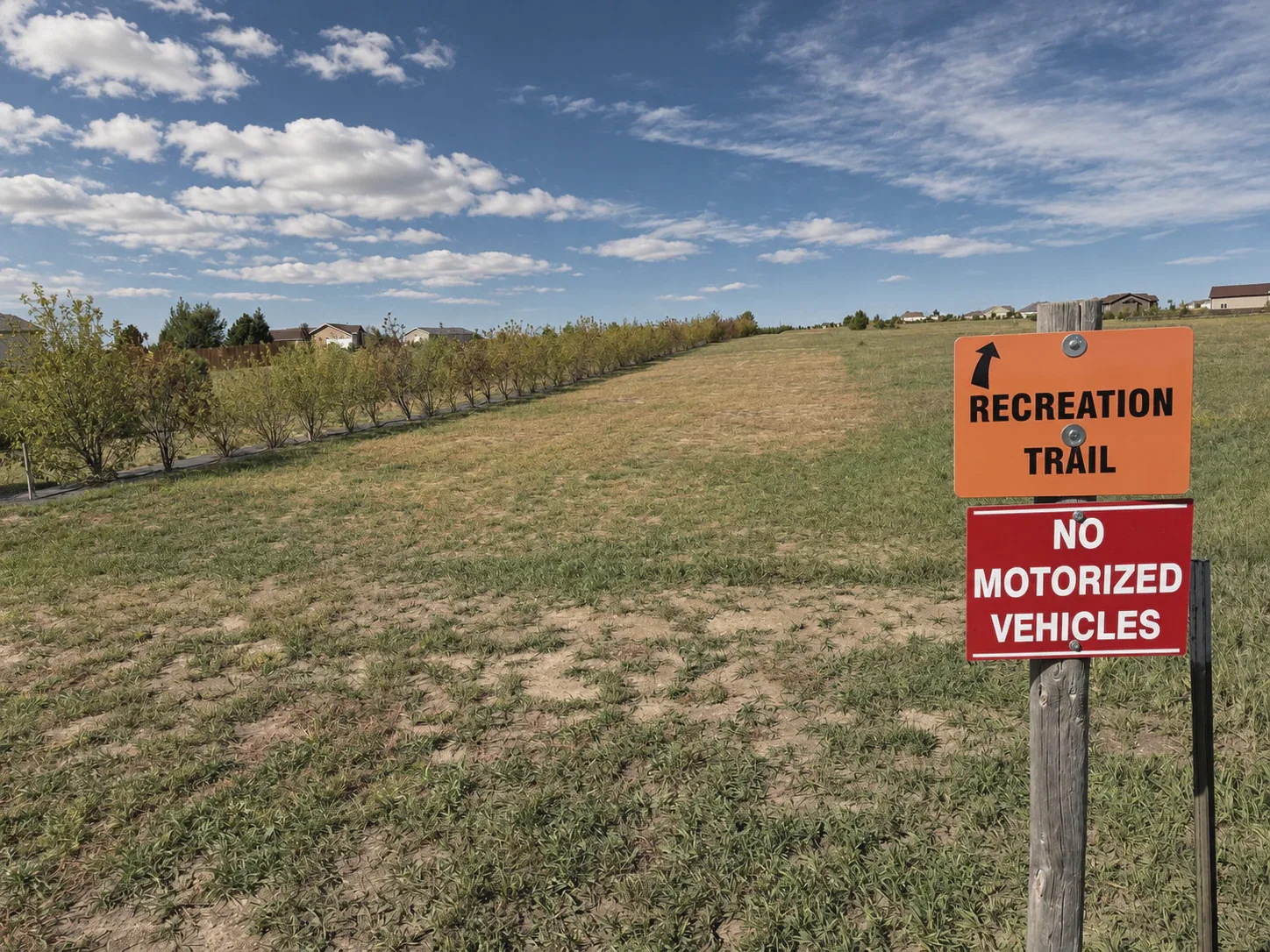 Recreation Trail sign at the edge of the open space — no motorized vehicles